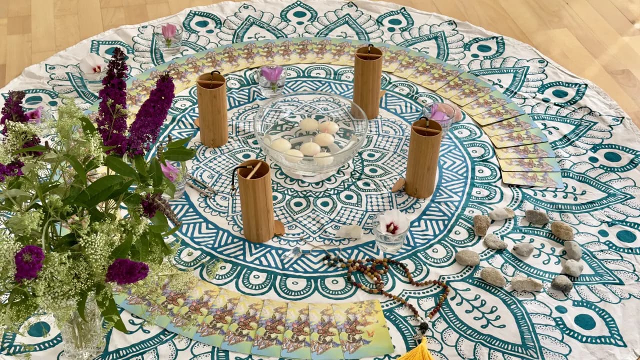 Mandala-Tuch mit Klangspielen, Steinen und Blüten